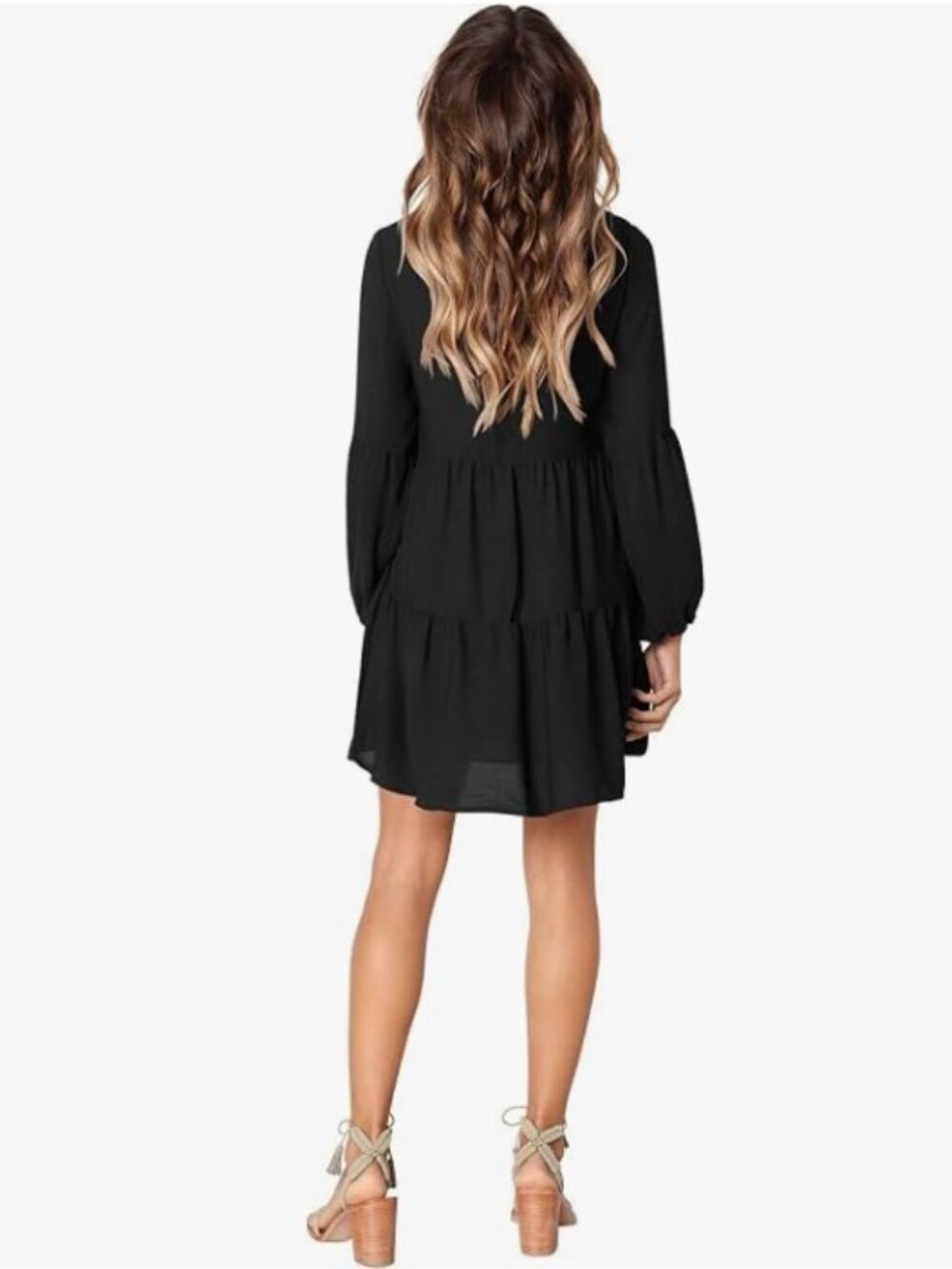 Amoretu 🟣 Size XL Long Sleeve V Neck Flowy Swing Dress in Black - Picture 2 of 9
